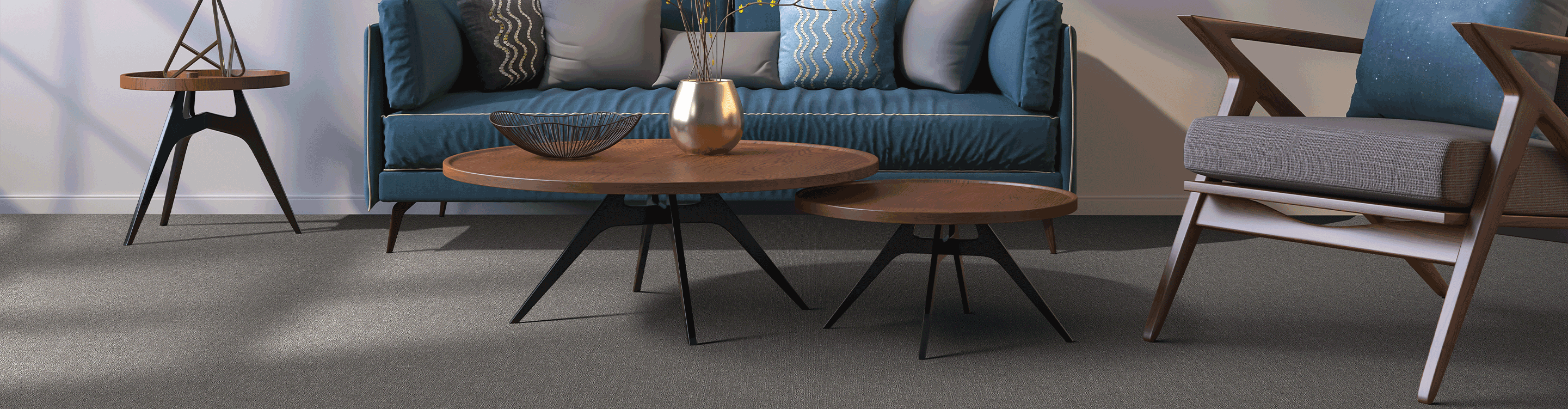 grey carpet in midcentury modern living room