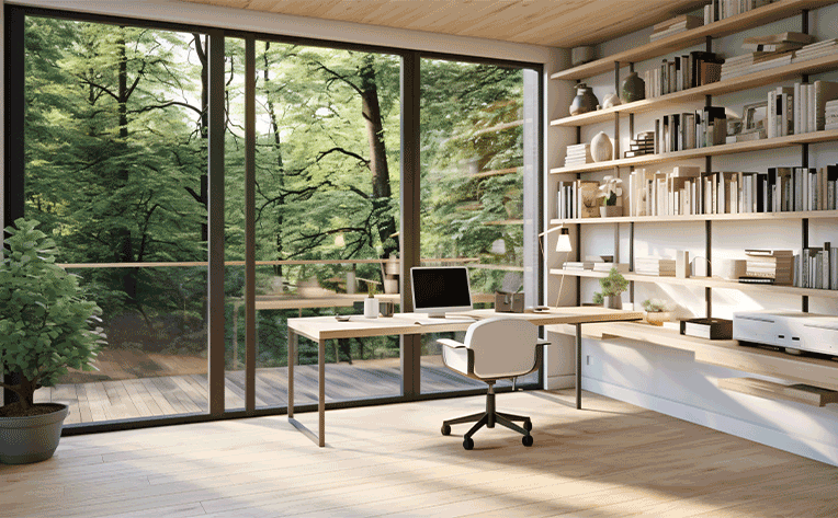 light toned hardwood flooring in minimalist natural home office with large window