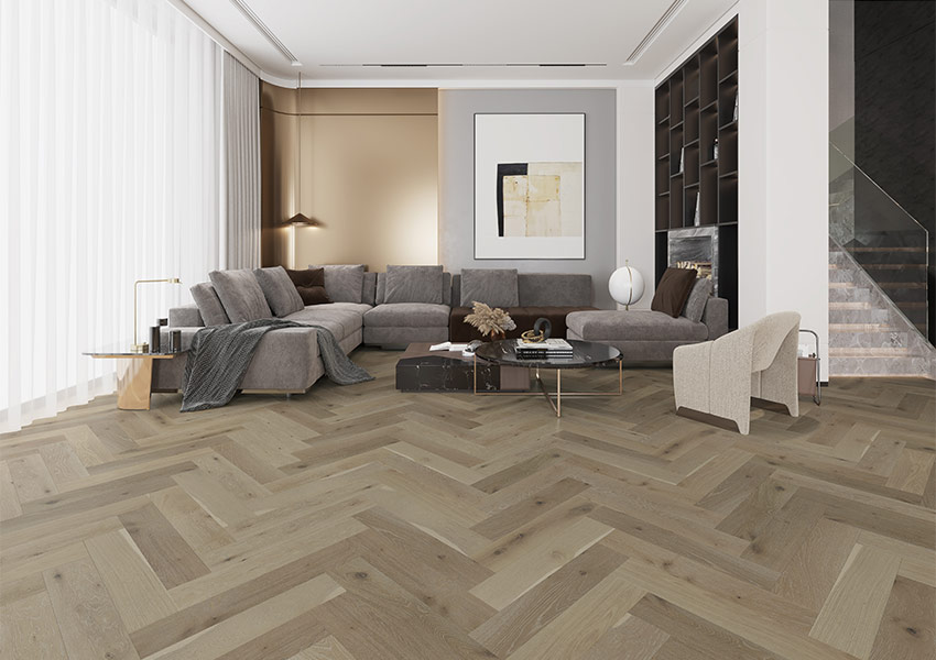 herringbone hardwood flooring in living room