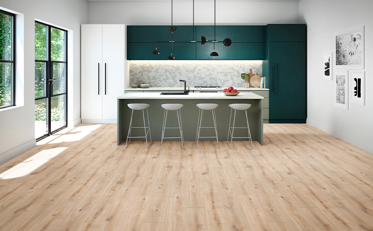 wood floors with white patterned backsplash